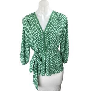 Max Studio Green Geometric Print Long Sleeve Belted Peplum Blouse Shirt Top XS